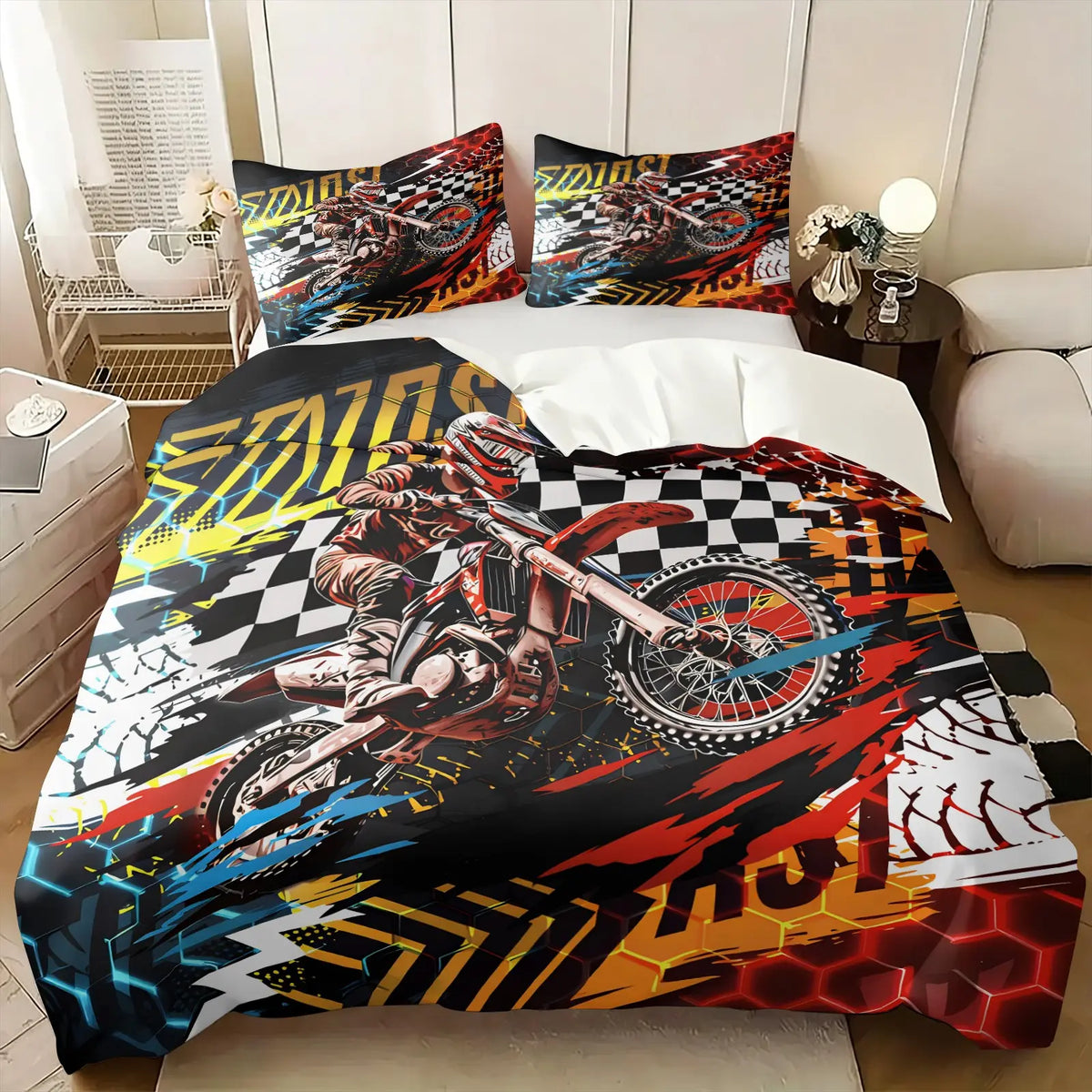 2/3 Pcs Dirt Bike Print Duvet Cover Set, Cool Motocross Themed Bedding Set, Motorcycle Bedding, Soft Durable with Zipper Closure, Bold Digital Print, Great for Teen Bedroom, Dorm, Motocross Enthusiast Room Decor - No Filling