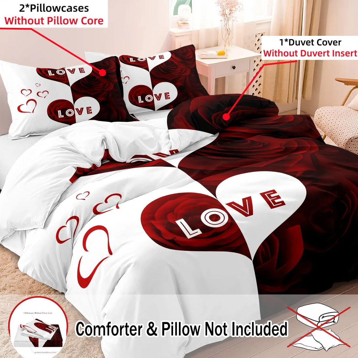 3 PCS Deep Red Rose Heart Design Duvet Cover Set, Bed Covers, Comfy Bedding Sets Decorative Bedding for Bedroom & Hotel, Holiday Gift (1 Duvet Cover + 2 Pillowcases, No Comforter, No Pillow Insert) #GLOBAL PICKS