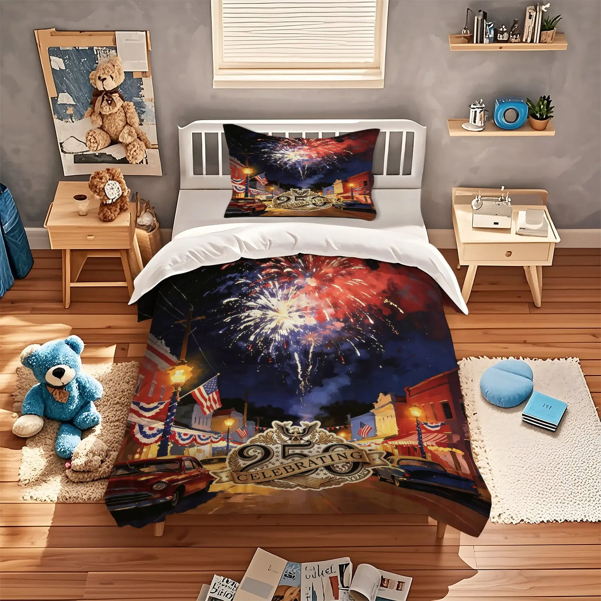 American 250th Anniversary Pattern Quilt Cover Set, Soft And Comfortable Bedding Set (1 Duvet Cover + 1/2 Pillowcase, No Filler), Suitable For Teenagers And Adults, Bedroom, Dormitory, Guest Room Scene
