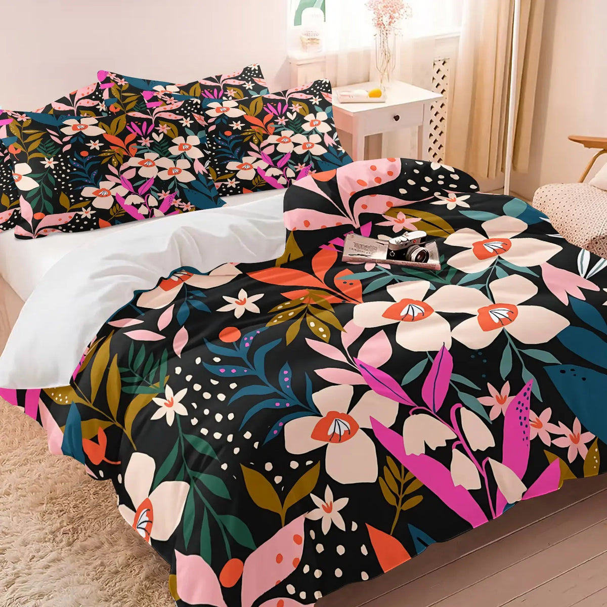 2/3Pcs Boho Floral Duvet Cover Set, Vibrant Tropical Botanical Comforter Cover, Black Background Bohemian Bedding Set with Pillowcases, No Filler, For Women Teen Girls Bedroom Dorm Apartment Home Decor