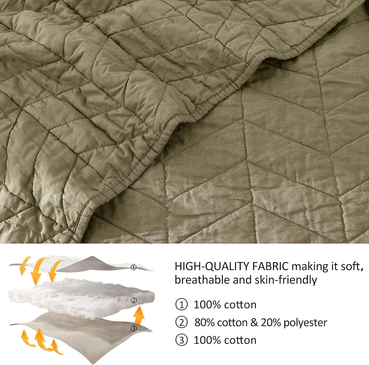 palassio Green Cotton Quilt Queen Size Bedding Sets with Pillow Shams, Olive Lightweight Soft Bedspread Coverlet, Sage Quilted Comforter Bed Cover for All Season, 3 Pieces, 90x96 inches