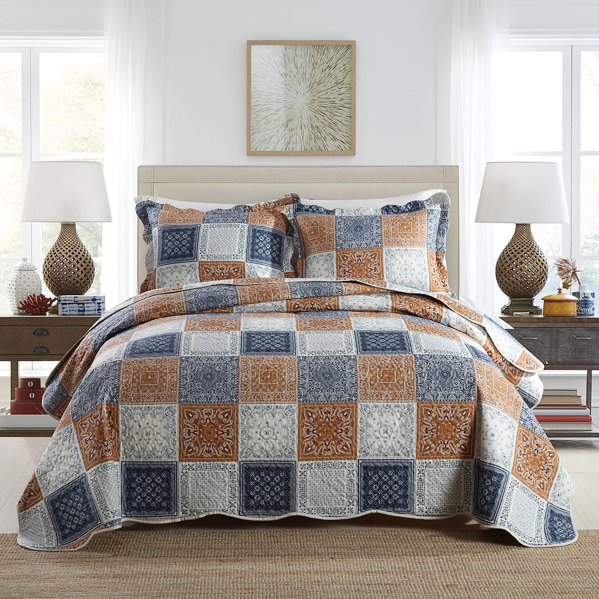 Travan 3-Piece Quilt Set Quilted Bedspread Lightweight Coverlet Set Garden Style Floral Printed Oversized Quilted Bedding Set with Shams for All Season, Exquisite, King Size