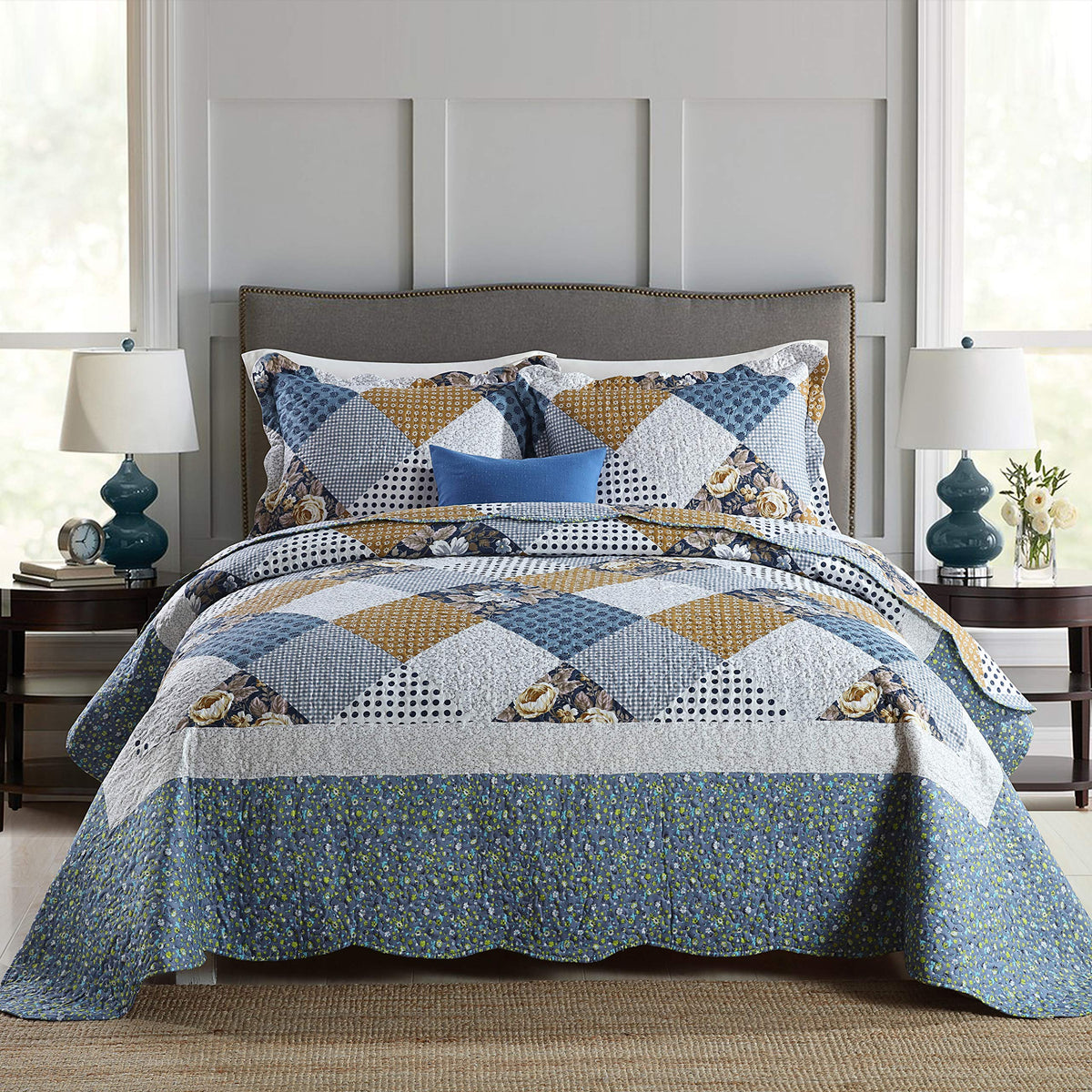 Travan 3-Piece Quilt Set Quilted Bedspread Lightweight Coverlet Set Garden Style Floral Printed Oversized Quilted Bedding Set with Shams for All Season, Exquisite, King Size