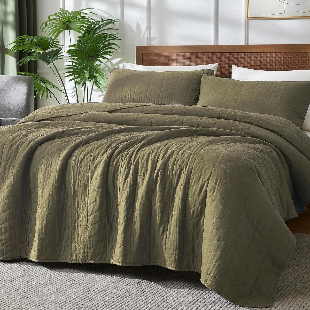 palassio Green Cotton Quilt Queen Size Bedding Sets with Pillow Shams, Olive Lightweight Soft Bedspread Coverlet, Sage Quilted Comforter Bed Cover for All Season, 3 Pieces, 90x96 inches