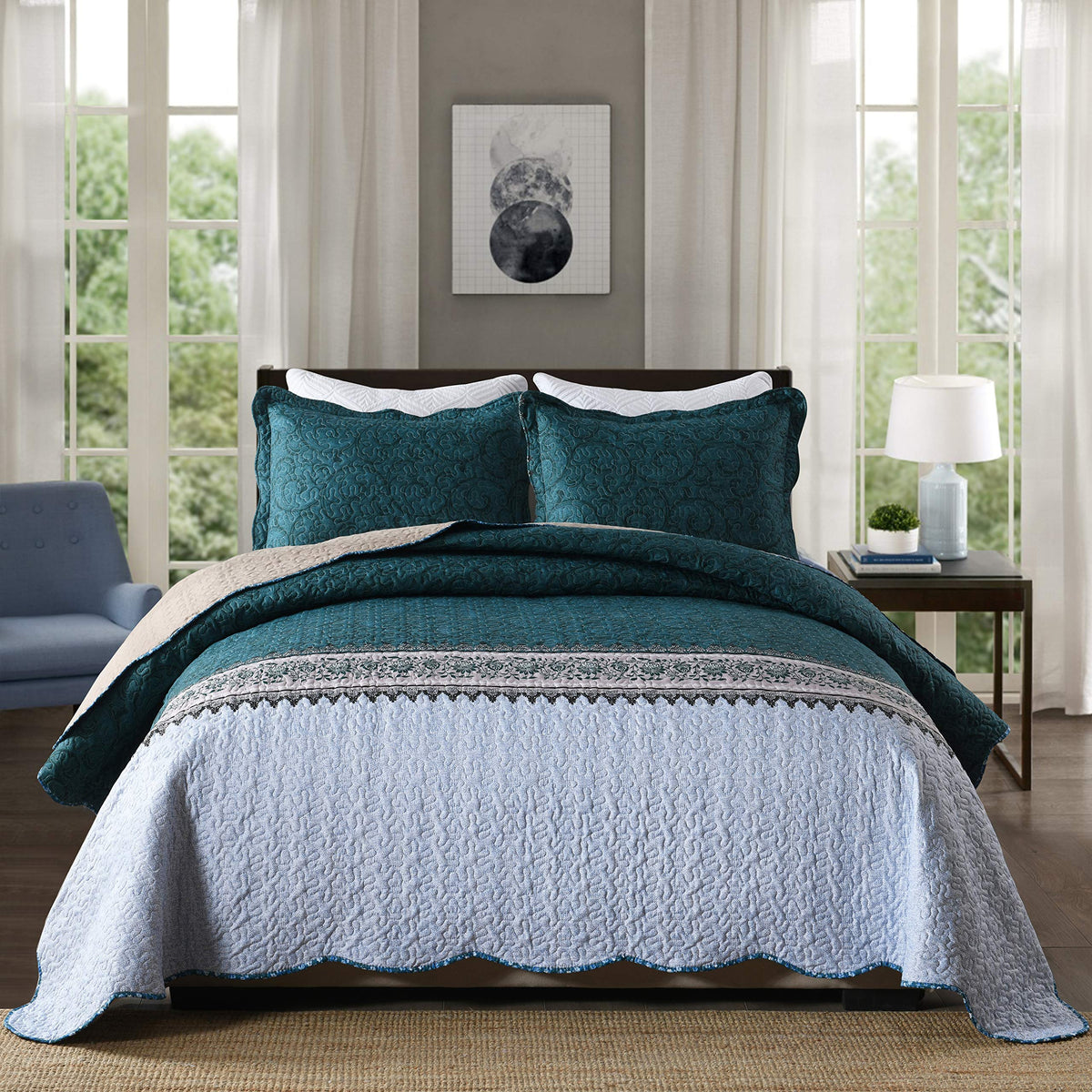 Travan 3-Piece Quilt Set Quilted Bedspread Lightweight Coverlet Set Garden Style Floral Printed Oversized Quilted Bedding Set with Shams for All Season, Exquisite, King Size
