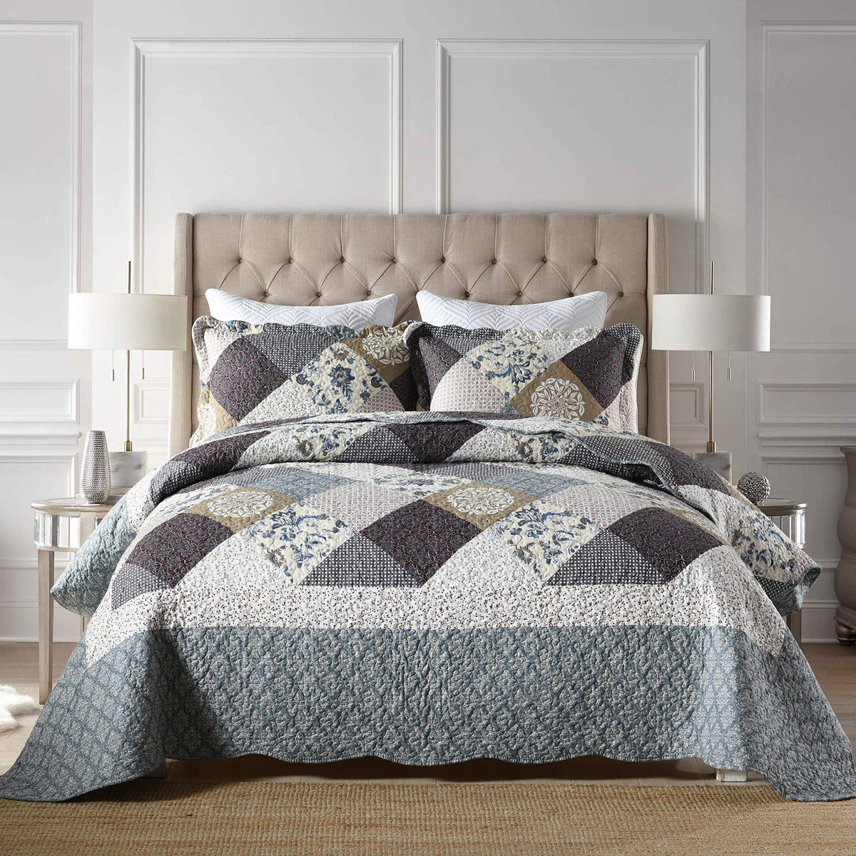 Travan 3-Piece Quilt Set Quilted Bedspread Lightweight Coverlet Set Garden Style Floral Printed Oversized Quilted Bedding Set with Shams for All Season, Exquisite, King Size