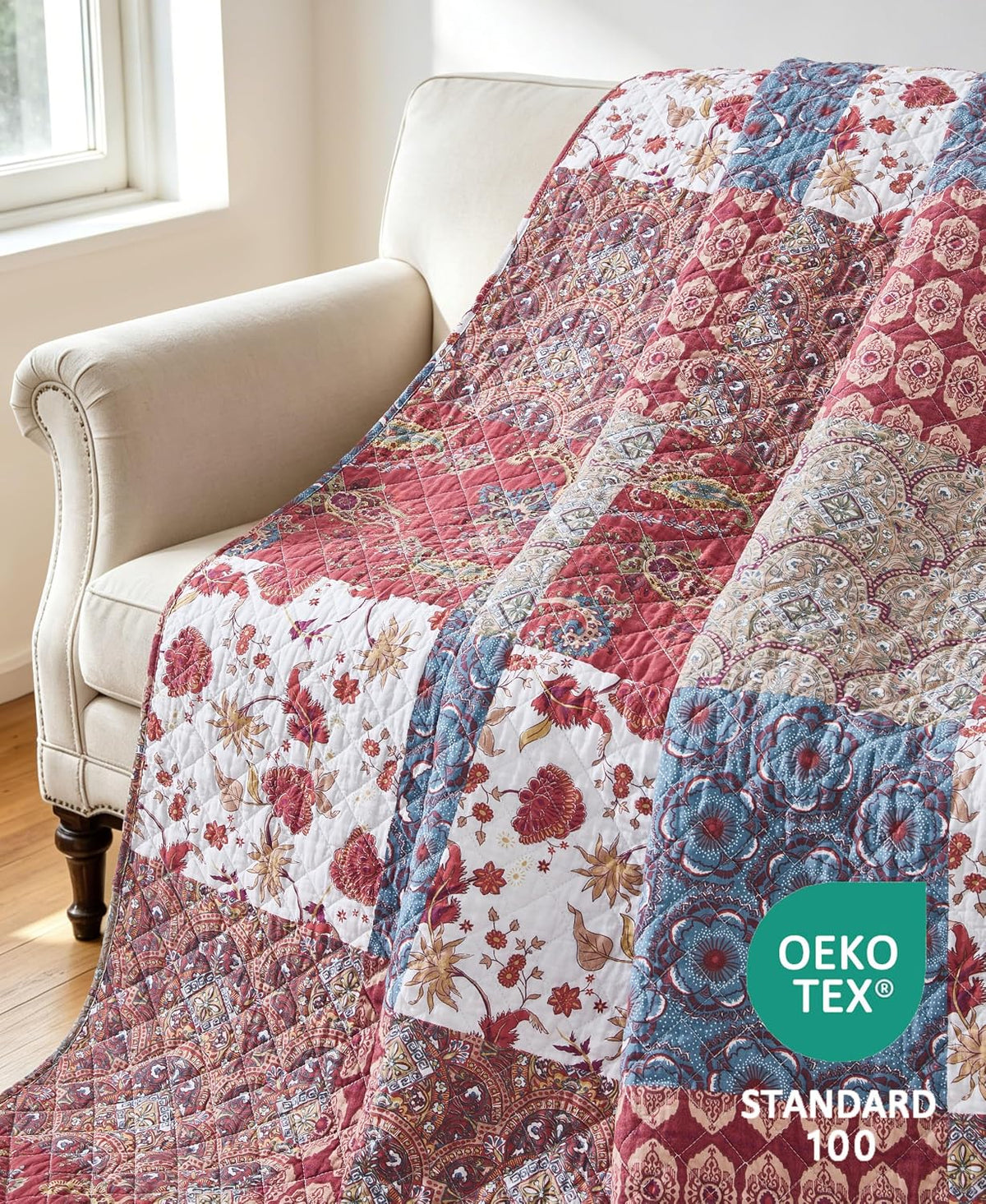 Chezmoi Collection Rowan 1-Piece Printed Patchwork Throw, Quilted Blanket with Vintage Floral Paisley Patterns, Lightweight Reversible Washed Cotton Throw Blanket