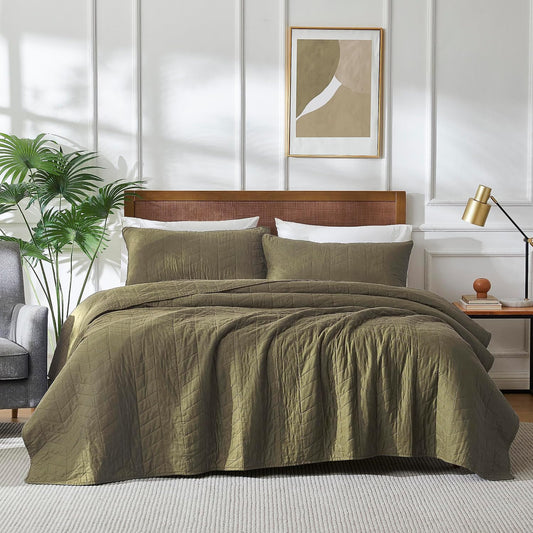 palassio Green Cotton Quilt Queen Size Bedding Sets with Pillow Shams, Olive Lightweight Soft Bedspread Coverlet, Sage Quilted Comforter Bed Cover for All Season, 3 Pieces, 90x96 inches