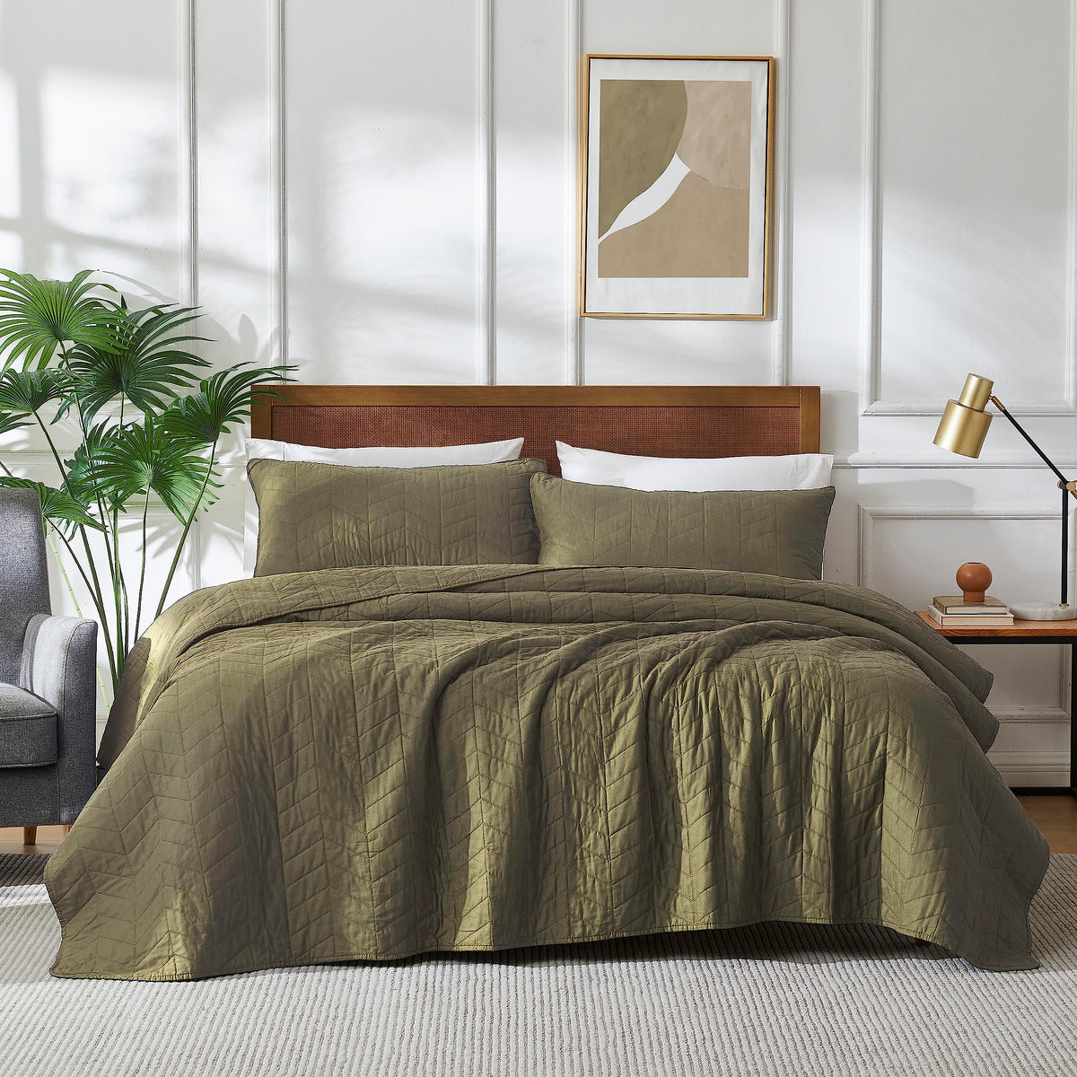 palassio Green Cotton Quilt Queen Size Bedding Sets with Pillow Shams, Olive Lightweight Soft Bedspread Coverlet, Sage Quilted Comforter Bed Cover for All Season, 3 Pieces, 90x96 inches