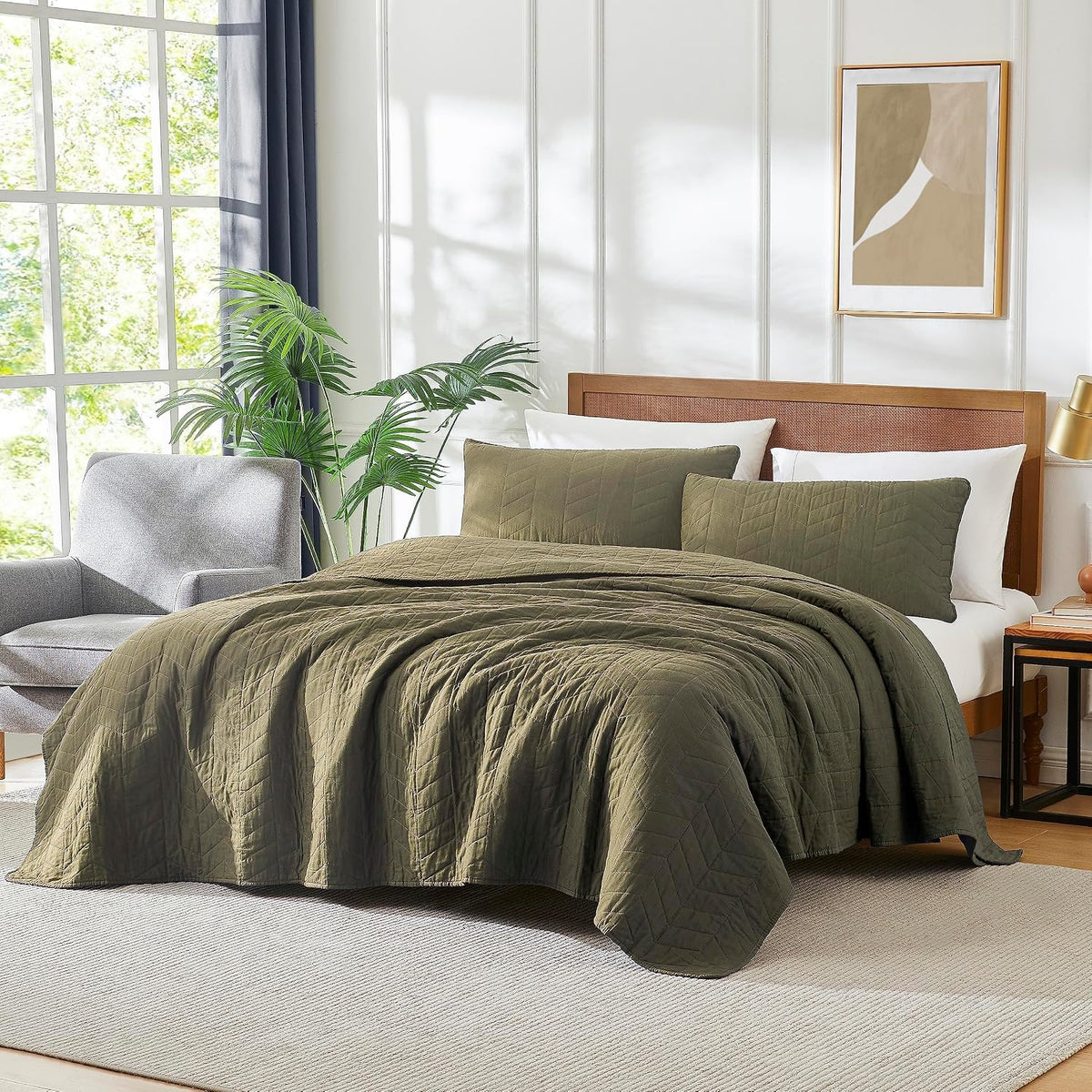 palassio Green Cotton Quilt Queen Size Bedding Sets with Pillow Shams, Olive Lightweight Soft Bedspread Coverlet, Sage Quilted Comforter Bed Cover for All Season, 3 Pieces, 90x96 inches
