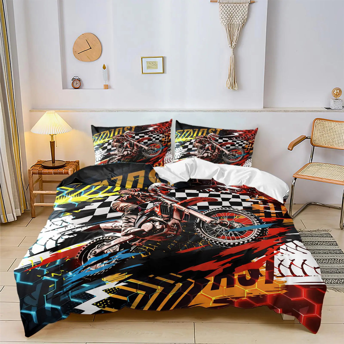 2/3 Pcs Dirt Bike Print Duvet Cover Set, Cool Motocross Themed Bedding Set, Motorcycle Bedding, Soft Durable with Zipper Closure, Bold Digital Print, Great for Teen Bedroom, Dorm, Motocross Enthusiast Room Decor - No Filling