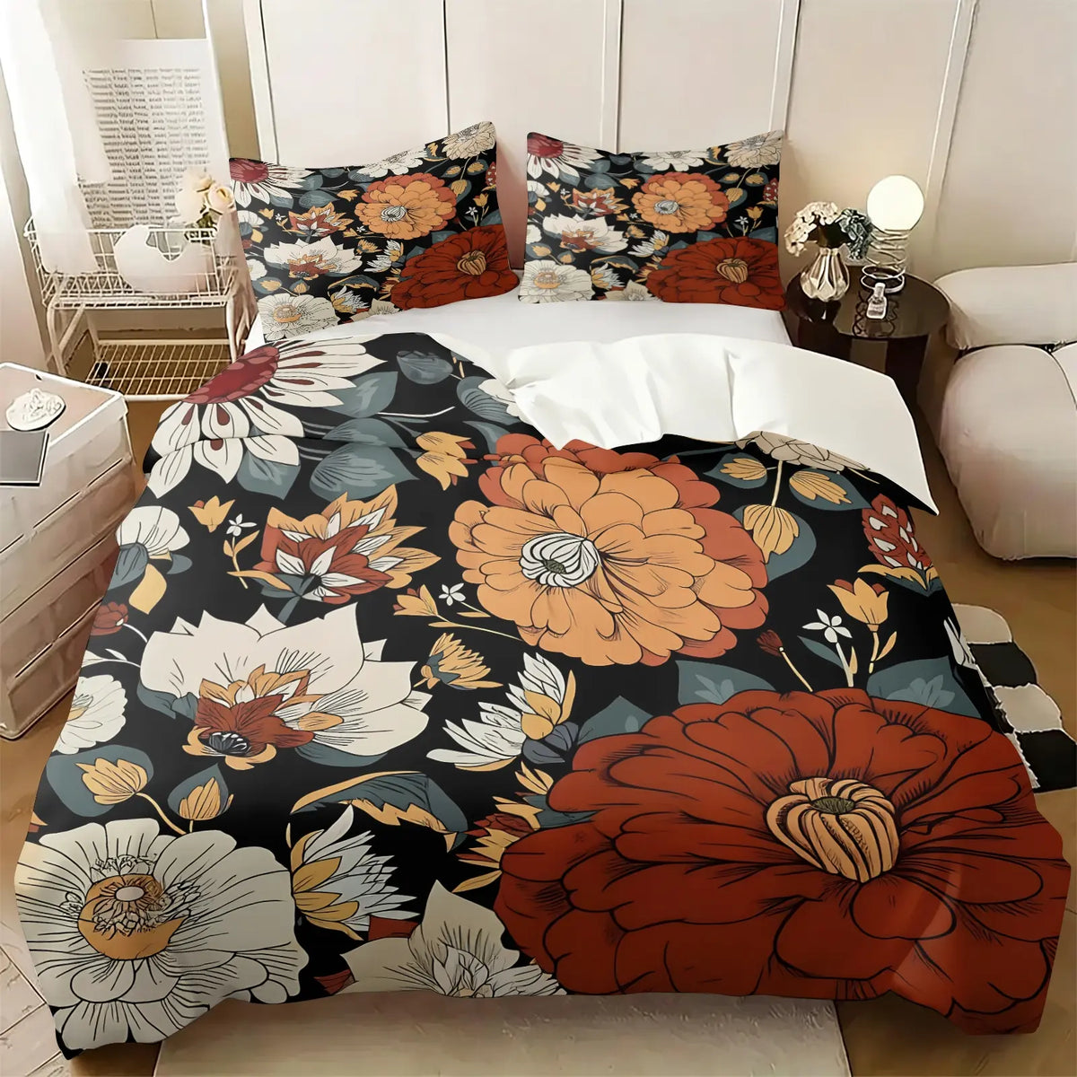 2/3Pcs Boho Floral Duvet Cover Set, Vibrant Tropical Botanical Comforter Cover, Black Background Bohemian Bedding Set with Pillowcases, No Filler, For Women Teen Girls Bedroom Dorm Apartment Home Decor