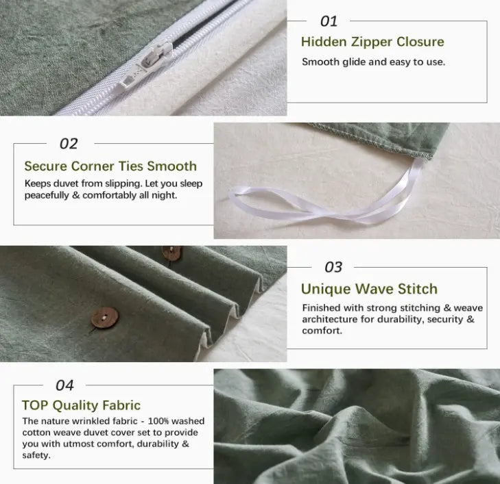 100% Washed Cotton White and Green Reversible Duvet Cover Set Queen and King Size Optional, Casual Design Soft Bedding Set 2 Pillow Cases + 1 Duvet Cover with Zipper & Corner Ties(SX-004)