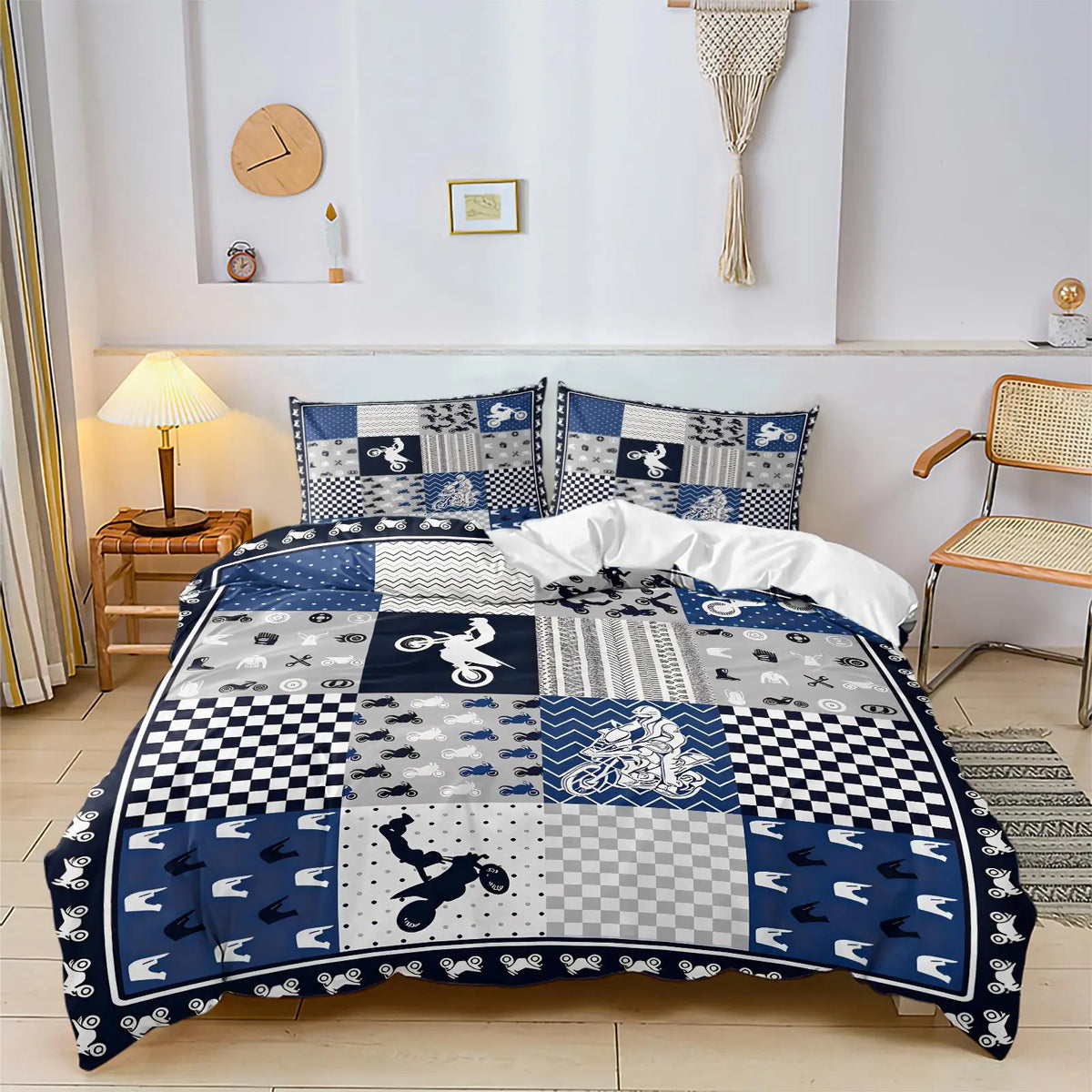 2/3 Pcs Dirt Bike Print Duvet Cover Set, Cool Motocross Themed Bedding Set, Motorcycle Bedding, Soft Durable with Zipper Closure, Bold Digital Print, Great for Teen Bedroom, Dorm, Motocross Enthusiast Room Decor - No Filling
