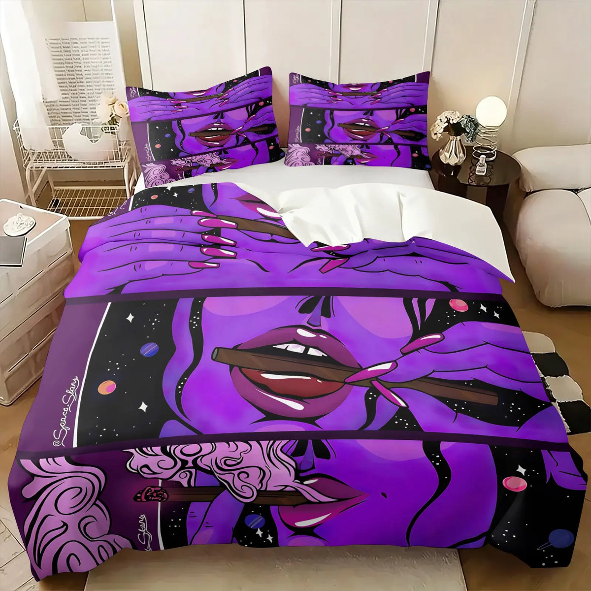Purple Pop Art Lady Duvet Cover Set, Include 1 Comforter Cover and 1/2 Pillowcases, Cosmic Starry Galaxy Comic Woman Face Print Quilt Cover, Trendy Graffiti Style Soft Bedroom Decor Bedding, All Seasons Use, Comfortable and Breathable