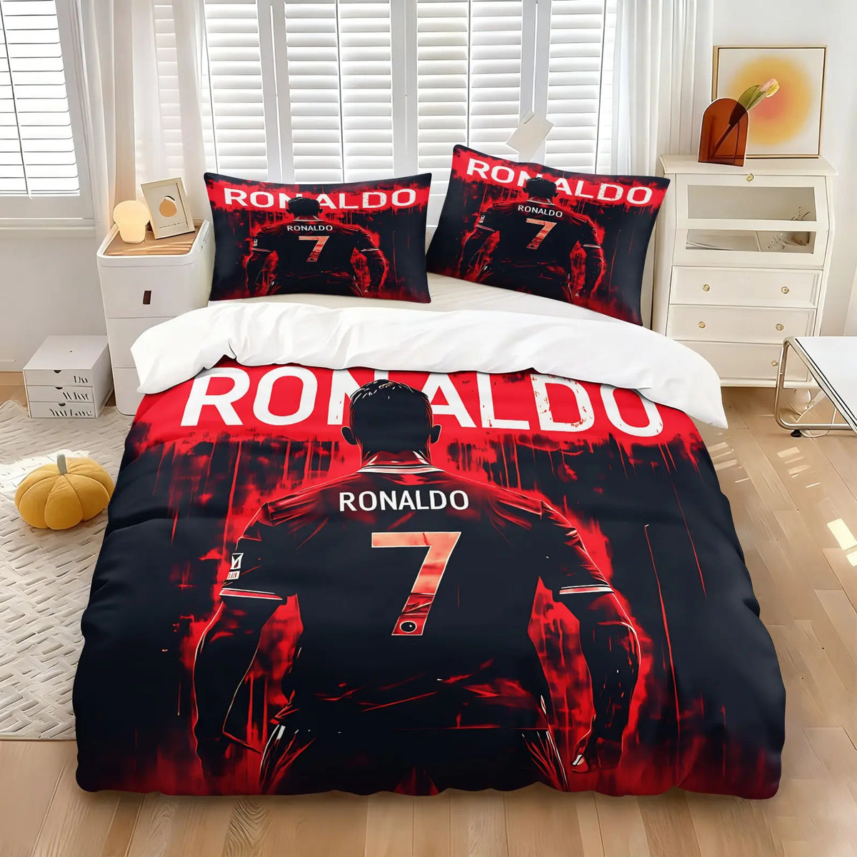 Football Star Ink Print Set & 1-2 Pillowcases-No.7 Player Back View Paired with Red Black Ink Splash Graffiti Art Background-Soft Comfortable Theme Bedding Set-Street Punk StyleBedroom Decor Fan Gift Bed Covers