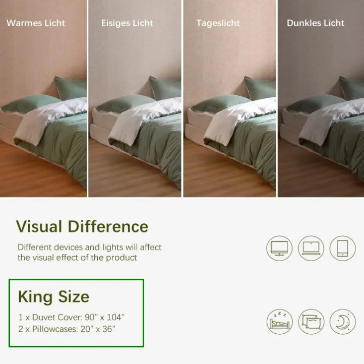 100% Washed Cotton White and Green Reversible Duvet Cover Set Queen and King Size Optional, Casual Design Soft Bedding Set 2 Pillow Cases + 1 Duvet Cover with Zipper & Corner Ties(SX-004)