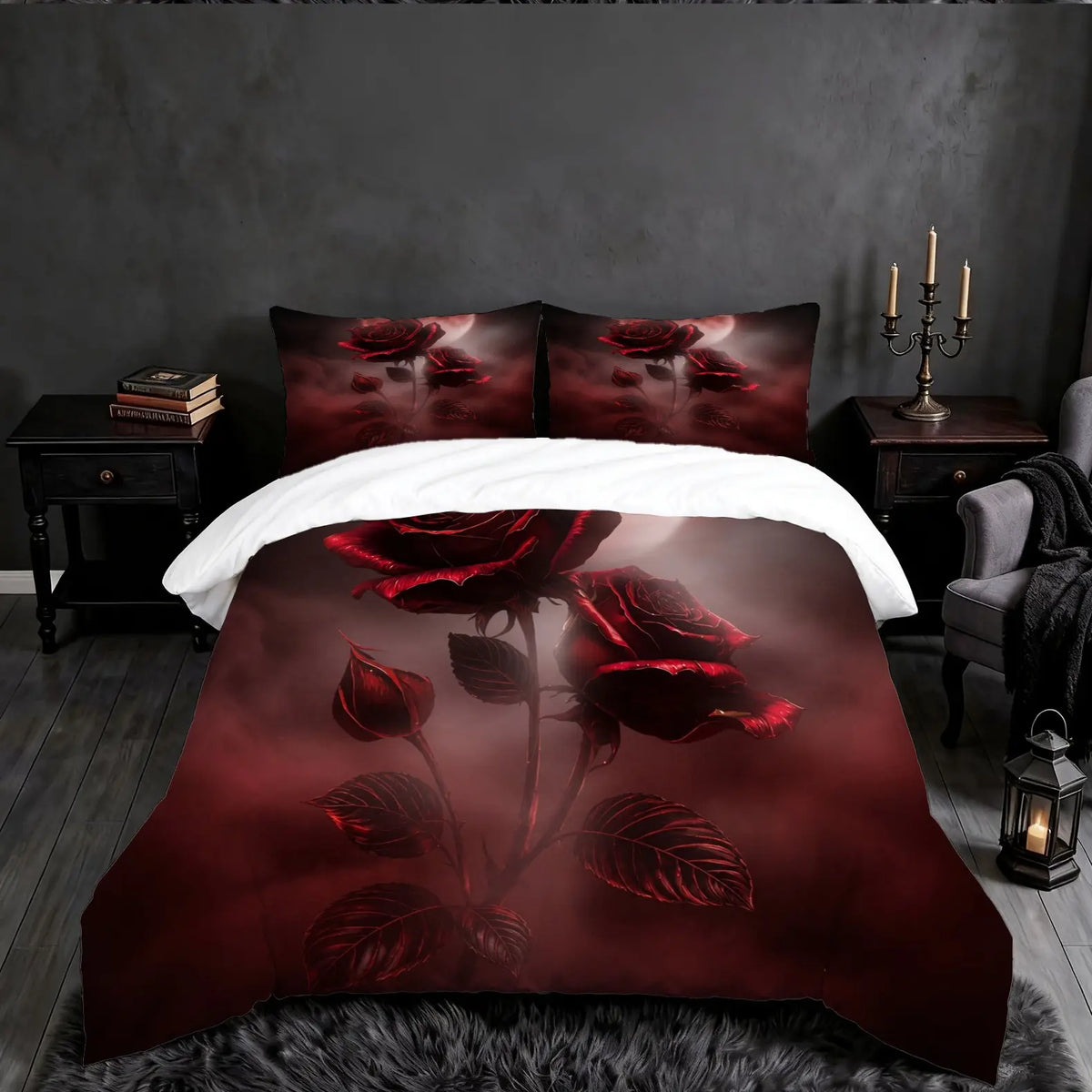 2/3Pcs Gothic Night‑Moon Red Rose Decorative Duvet Cover Set, Dark Romantic‑Style Digital Printed Bedding, No Core, Soft Machine‑Washable Quilt Cover, Perfect for Bedroom, Dorm & Gothic‑Style Enthusiasts, Ideal Home Decor Gift