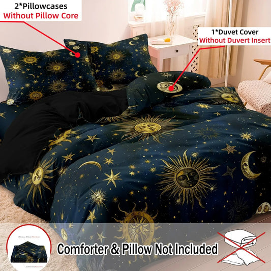 3 Pieces Dark Navy Blue Celestial Sun Moon Star Print Decorative Duvet Cover Set, Vintage Sun Crescent Moon Galaxy Print Bedding, For Family Bedrooms Dormitories Hotels (1 Duvet Cover + 2 Pillowcases, No Comforter No Pillow)