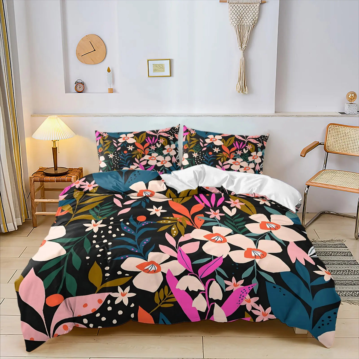 2/3Pcs Boho Floral Duvet Cover Set, Vibrant Tropical Botanical Comforter Cover, Black Background Bohemian Bedding Set with Pillowcases, No Filler, For Women Teen Girls Bedroom Dorm Apartment Home Decor