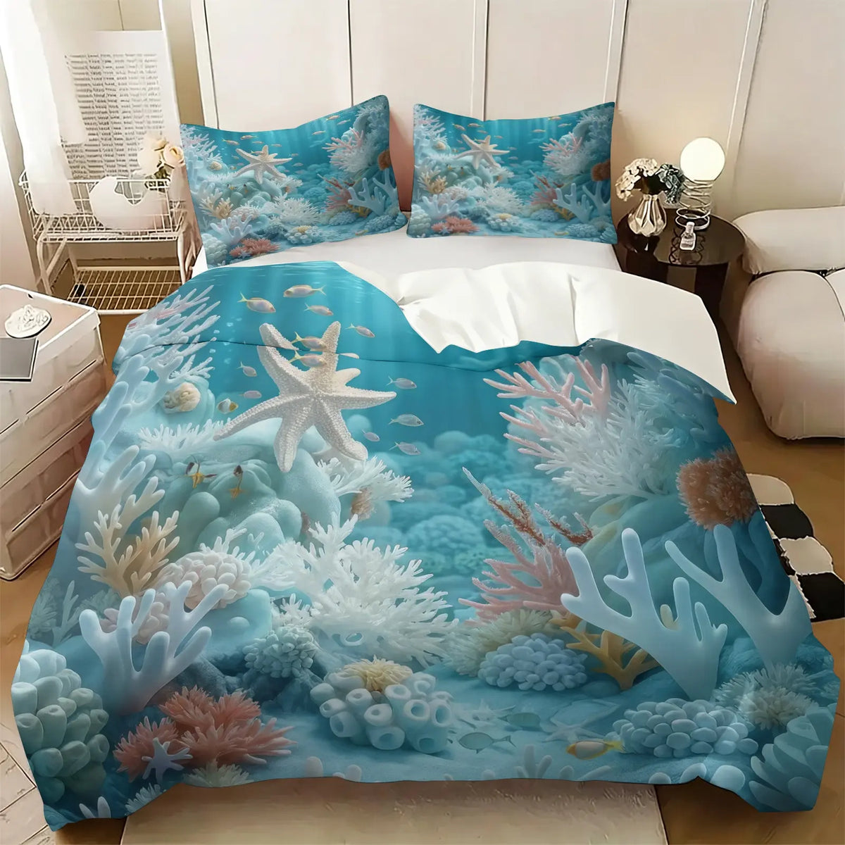 2/3Pcs Ultra Soft Polyester 2Pcs Psychedelic Neon Sea Turtle Coral Reef Duvet Cover Set Easy Care Washable Comforter Cover With Pillowcase Trendy Vibrant Ocean Pattern Home Bedding Decoration