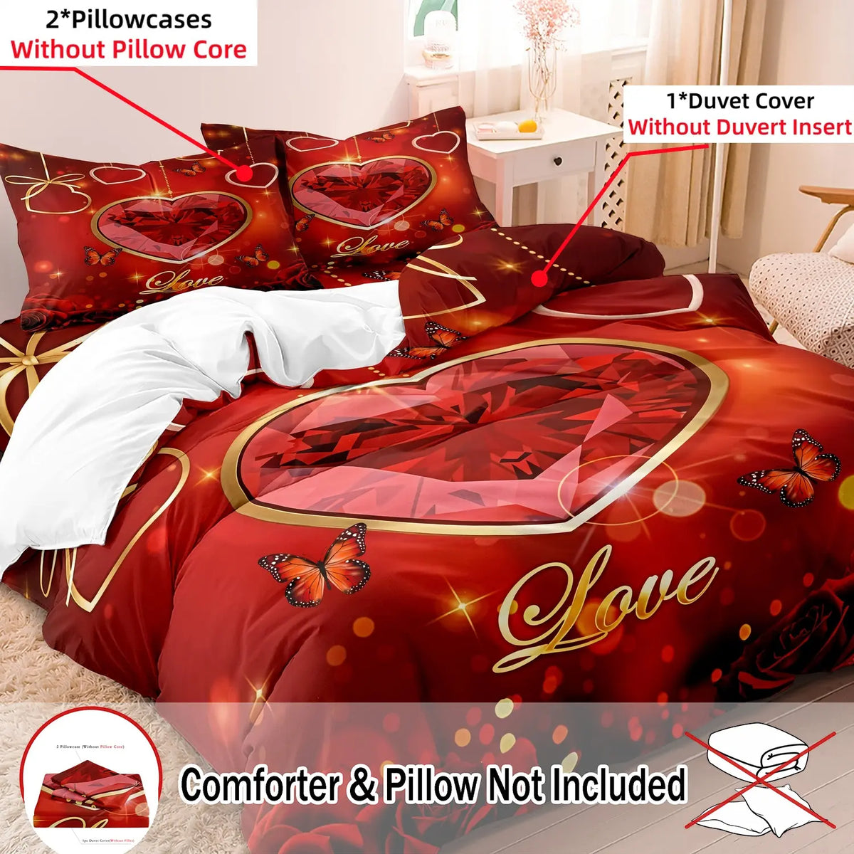 3 PCS Deep Red Rose Heart Design Duvet Cover Set, Bed Covers, Comfy Bedding Sets Decorative Bedding for Bedroom & Hotel, Holiday Gift (1 Duvet Cover + 2 Pillowcases, No Comforter, No Pillow Insert) #GLOBAL PICKS