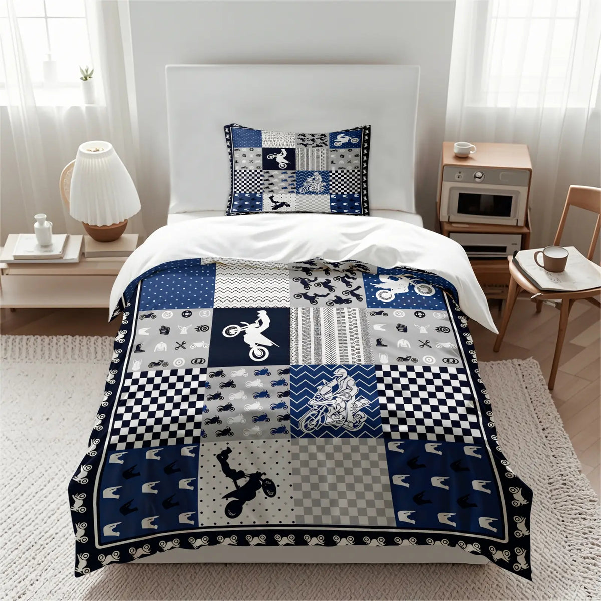 2/3 Pcs Dirt Bike Print Duvet Cover Set, Cool Motocross Themed Bedding Set, Motorcycle Bedding, Soft Durable with Zipper Closure, Bold Digital Print, Great for Teen Bedroom, Dorm, Motocross Enthusiast Room Decor - No Filling