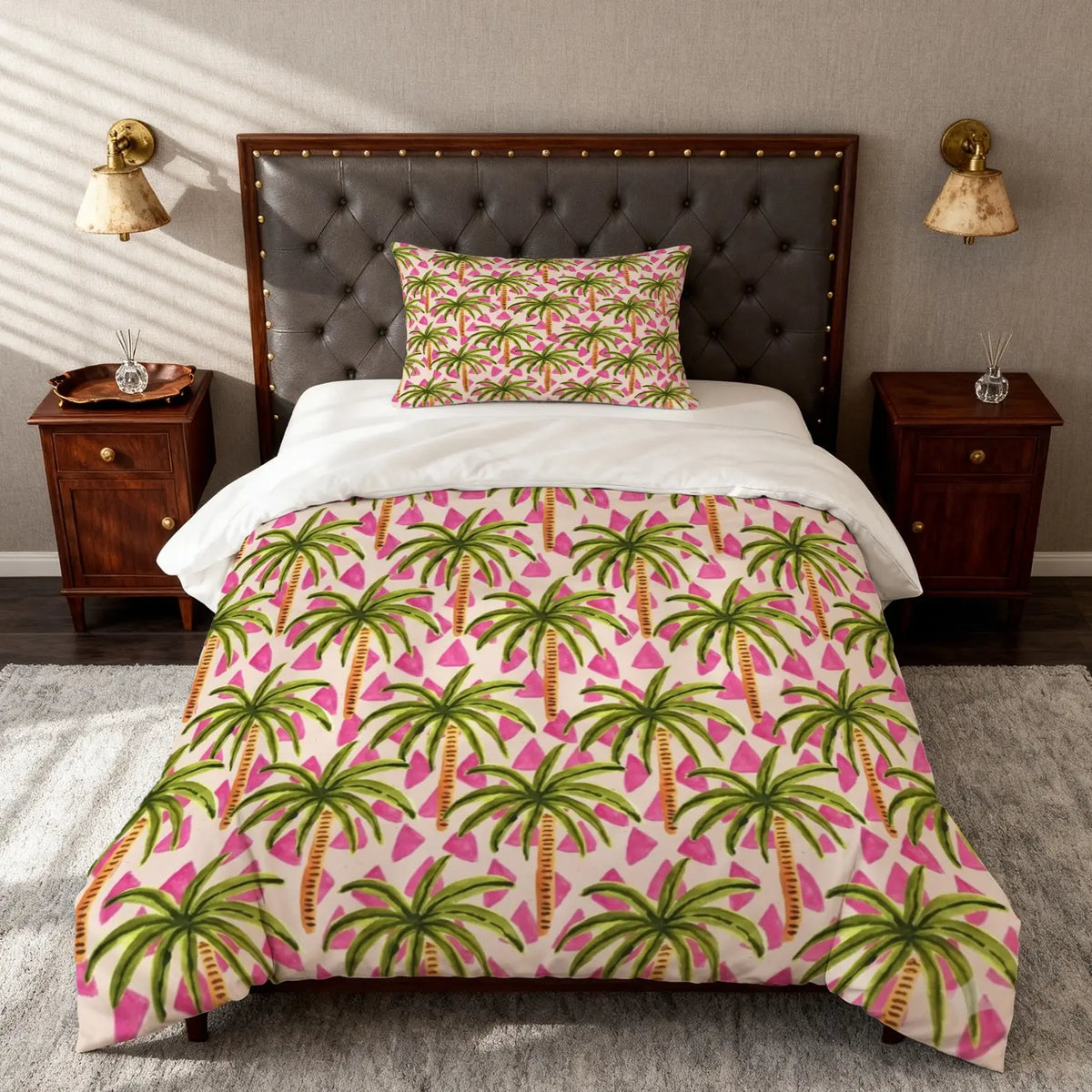 Tropical Palm Tree Print Duvet Cover Set, 2/3 Pieces (1 Duvet Cover and 1/2 Pillowcases), Pillow Inserts and Comforter Insert Not Included, Coastal Vacation Style Single-Sided Printed Soft and Comfortable Bedding, Suitable for Bedroom, Dorm, Apartment and