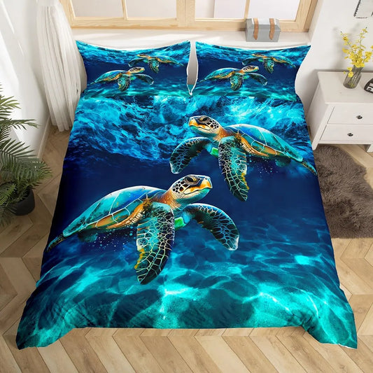 Feelyou Blue Pattern Duvet Cover Set - Multi-Size Cloud Bedding, Vibrant Print Animals Sea Turtle Marine Life Decor, Cozy Luxury Textiles for Modern Hawaii Tropical Deep Sea Themed Rooms