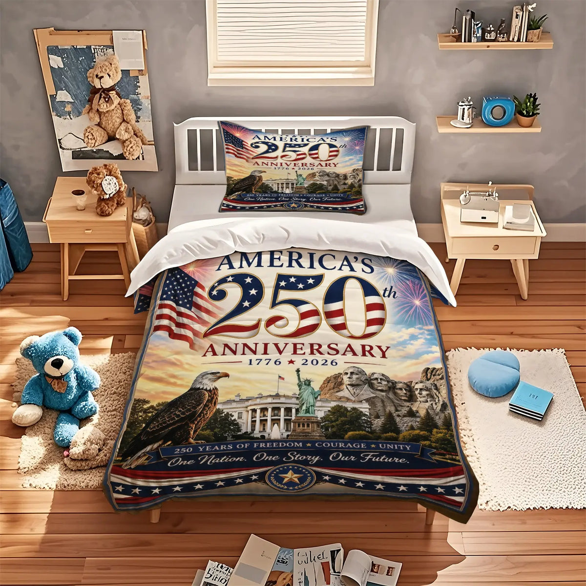 American 250th Anniversary Pattern Quilt Cover Set, Soft And Comfortable Bedding Set (1 Duvet Cover + 1/2 Pillowcase, No Filler), Suitable For Teenagers And Adults, Bedroom, Dormitory, Guest Room Scene