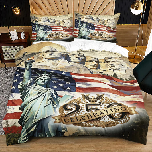 American 250th Anniversary Pattern Quilt Cover Set, Soft And Comfortable Bedding Set (1 Duvet Cover + 1/2 Pillowcase, No Filler), Suitable For Teenagers And Adults, Bedroom, Dormitory, Guest Room Scene