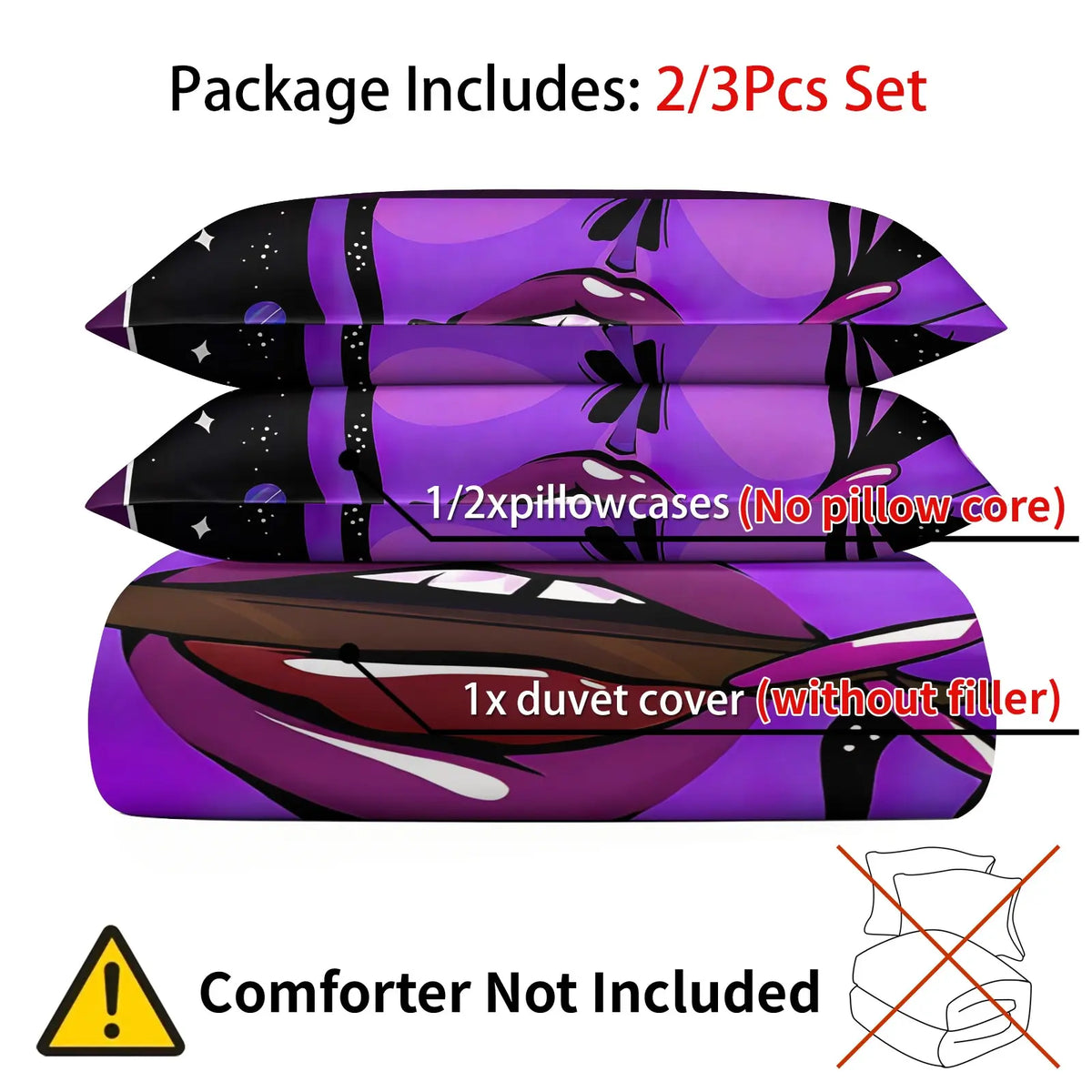 Purple Pop Art Lady Duvet Cover Set, Include 1 Comforter Cover and 1/2 Pillowcases, Cosmic Starry Galaxy Comic Woman Face Print Quilt Cover, Trendy Graffiti Style Soft Bedroom Decor Bedding, All Seasons Use, Comfortable and Breathable