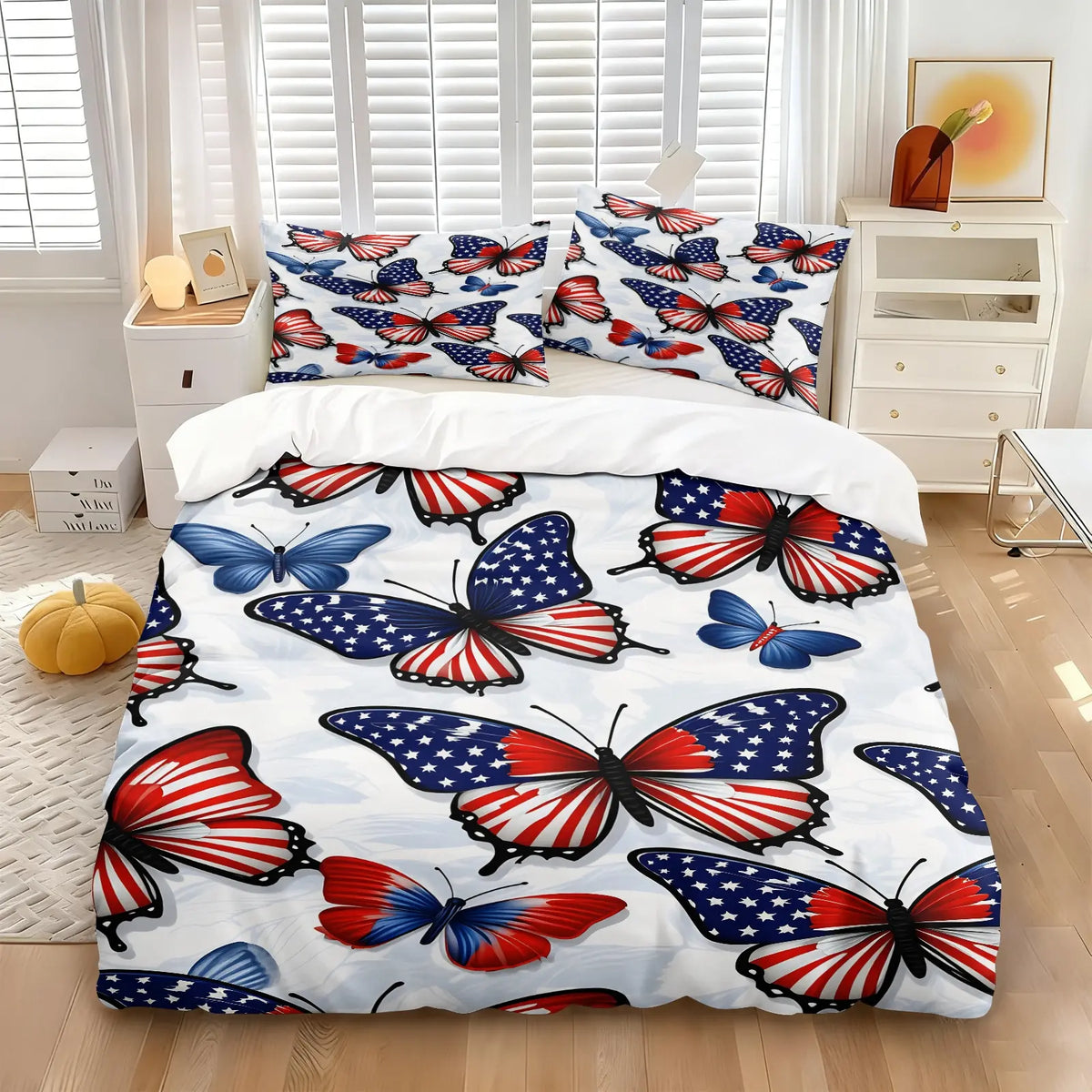 2/3Pcs Patriotic American Flag Butterfly Duvet Cover Set, American Flag Element Splicing Pattern, Soft Microfiber USA Bedding Set with Pillowcases, No Filler, For Bedroom, University Dormitory, Apartment Decor, Great Gift for Patriotic Lovers