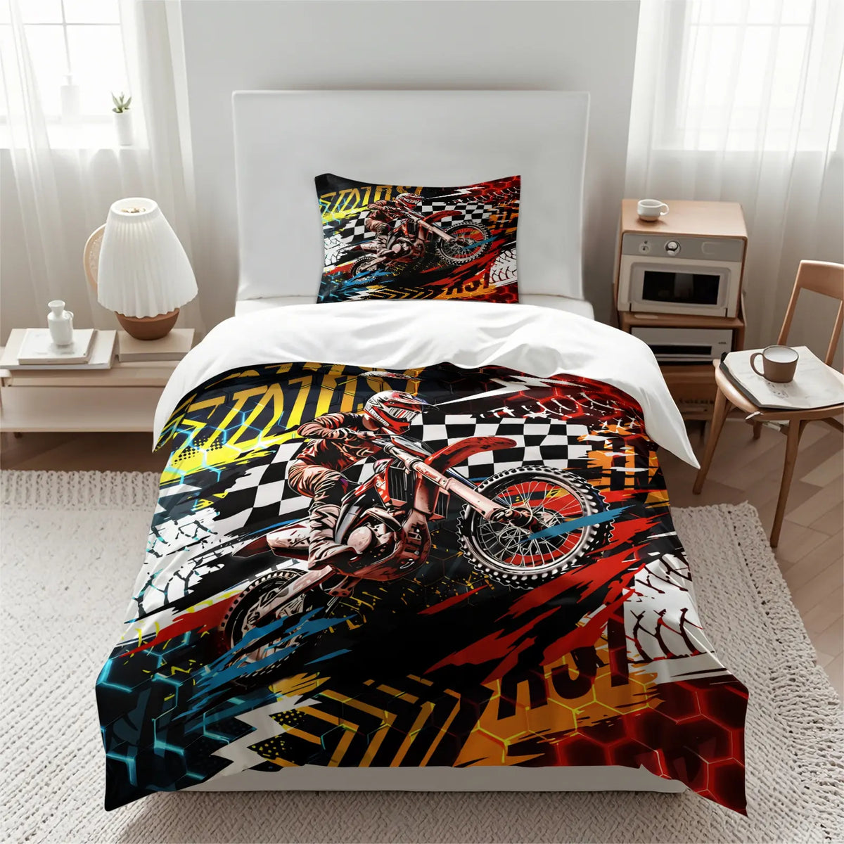 2/3 Pcs Dirt Bike Print Duvet Cover Set, Cool Motocross Themed Bedding Set, Motorcycle Bedding, Soft Durable with Zipper Closure, Bold Digital Print, Great for Teen Bedroom, Dorm, Motocross Enthusiast Room Decor - No Filling