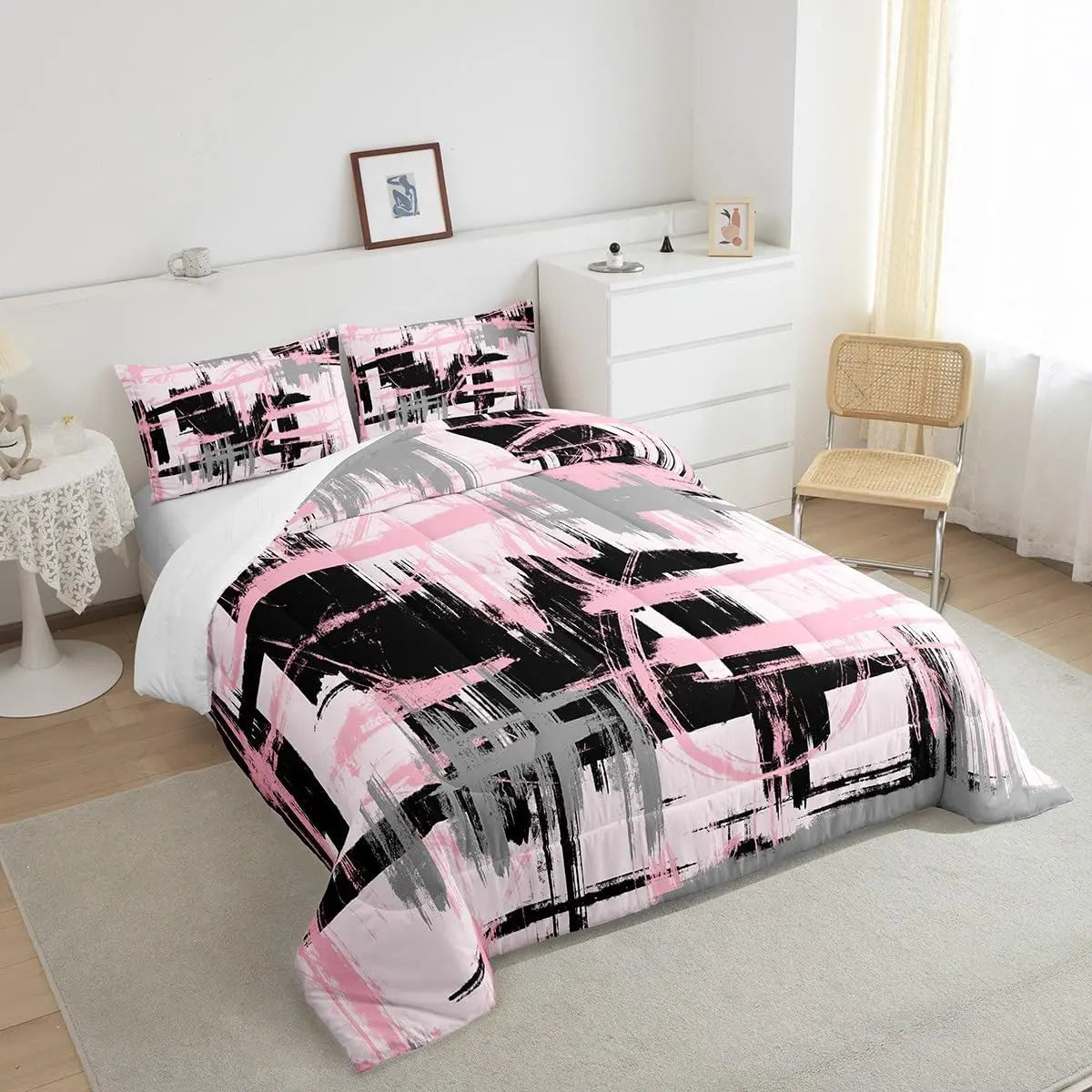 Feelyou Multi-Size Bedroom Bedding Set - Pink, Grey, Black Abstract Geometric Striped Breathable Duvet Set with Home Decor Pillow, Travel-Friendly (Fits Twin and Queen Size Comforter Needs)