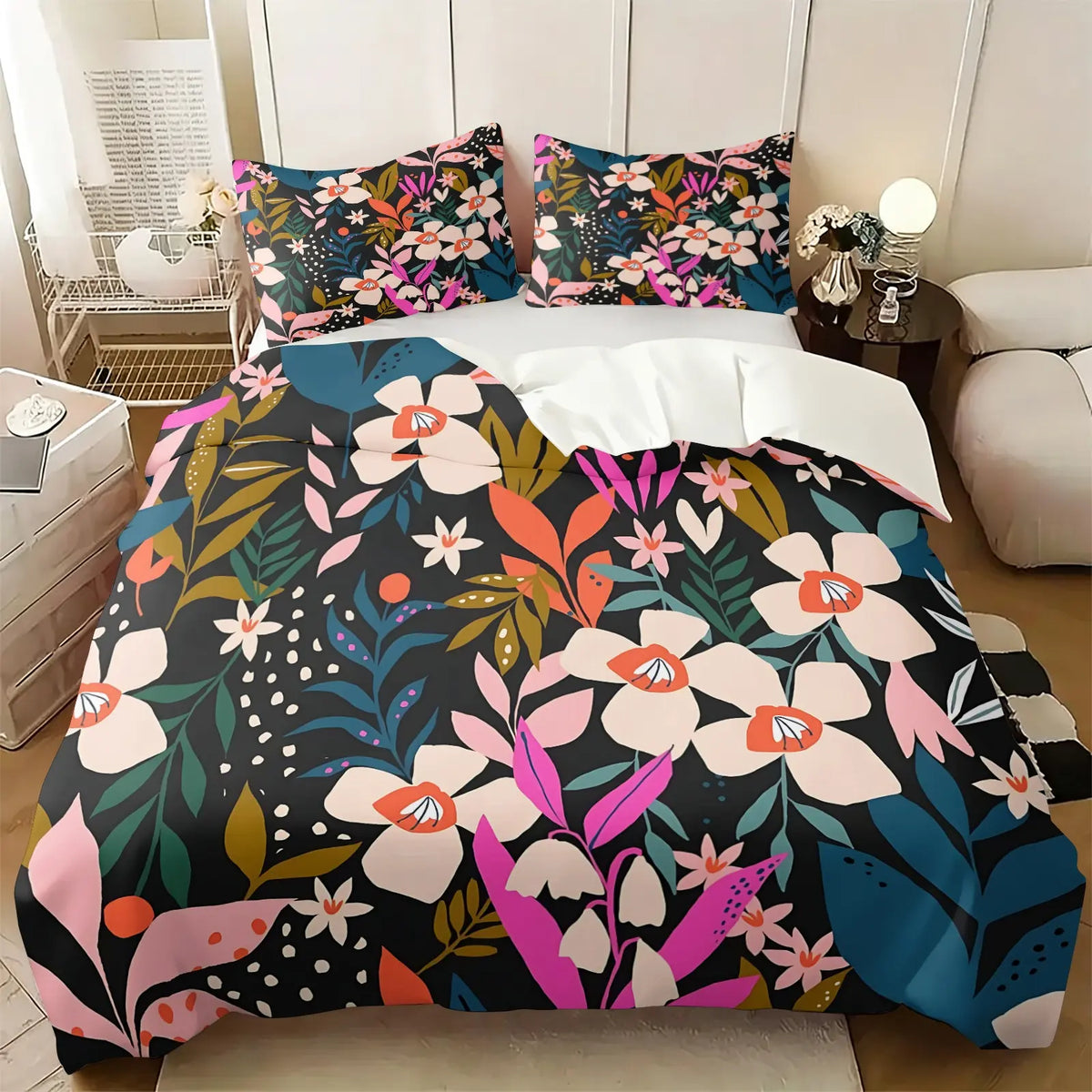 2/3Pcs Boho Floral Duvet Cover Set, Vibrant Tropical Botanical Comforter Cover, Black Background Bohemian Bedding Set with Pillowcases, No Filler, For Women Teen Girls Bedroom Dorm Apartment Home Decor