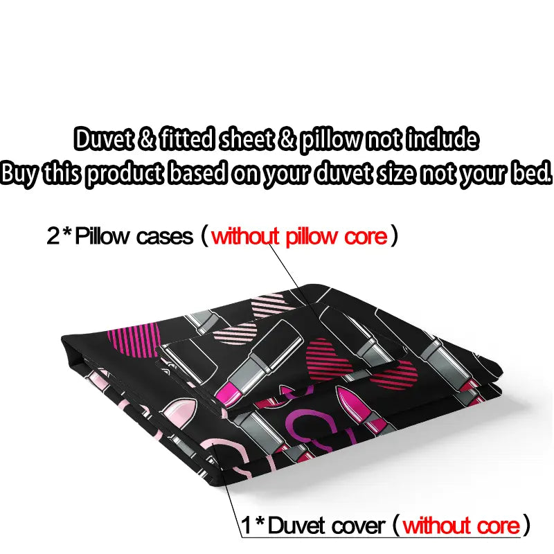 3-piece down duvet cover with lipstick and heart-shaped pattern on black background, 3D digital printed bedding, suitable for home decoration in bedrooms and guest rooms (1 * down duvet cover 2 * pillowcase, no down duvet core), machine washable