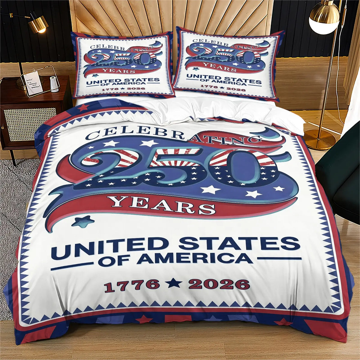 American 250th Anniversary Pattern Quilt Cover Set, Soft And Comfortable Bedding Set (1 Duvet Cover + 1/2 Pillowcase, No Filler), Suitable For Teenagers And Adults, Bedroom, Dormitory, Guest Room Scene