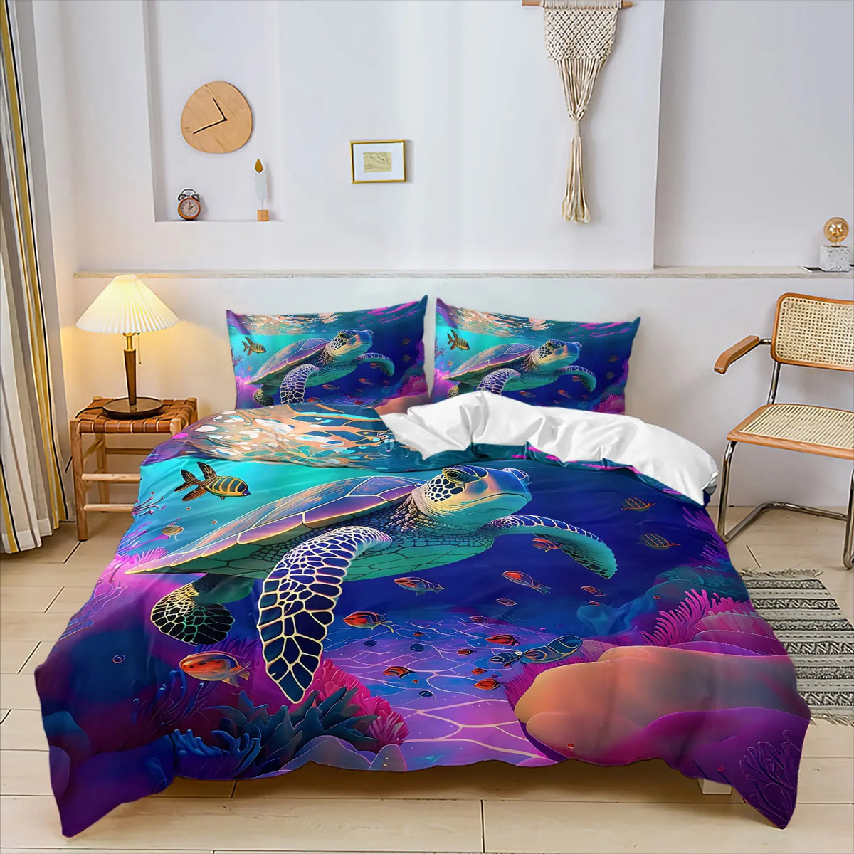 2/3Pcs Ultra Soft Polyester 2Pcs Psychedelic Neon Sea Turtle Coral Reef Duvet Cover Set Easy Care Washable Comforter Cover With Pillowcase Trendy Vibrant Ocean Pattern Home Bedding Decoration