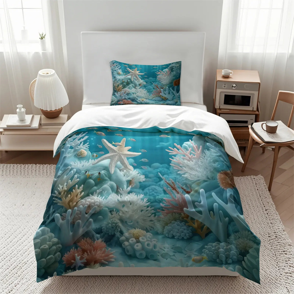 2/3Pcs Ultra Soft Polyester 2Pcs Psychedelic Neon Sea Turtle Coral Reef Duvet Cover Set Easy Care Washable Comforter Cover With Pillowcase Trendy Vibrant Ocean Pattern Home Bedding Decoration