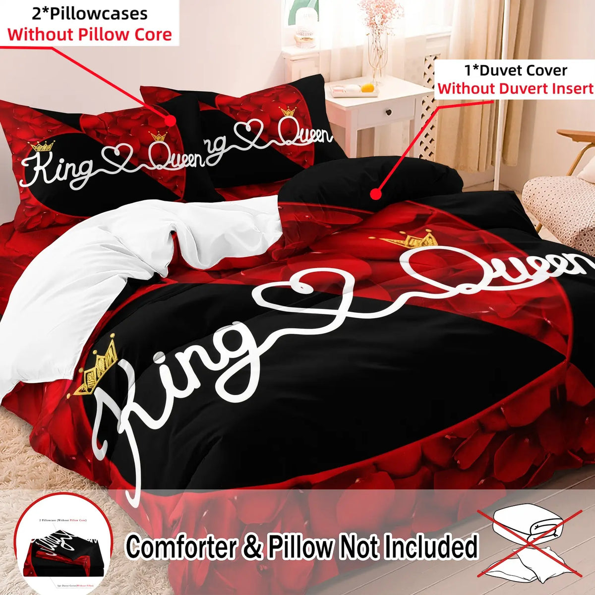 3 PCS Deep Red Rose Heart Design Duvet Cover Set, Bed Covers, Comfy Bedding Sets Decorative Bedding for Bedroom & Hotel, Holiday Gift (1 Duvet Cover + 2 Pillowcases, No Comforter, No Pillow Insert) #GLOBAL PICKS