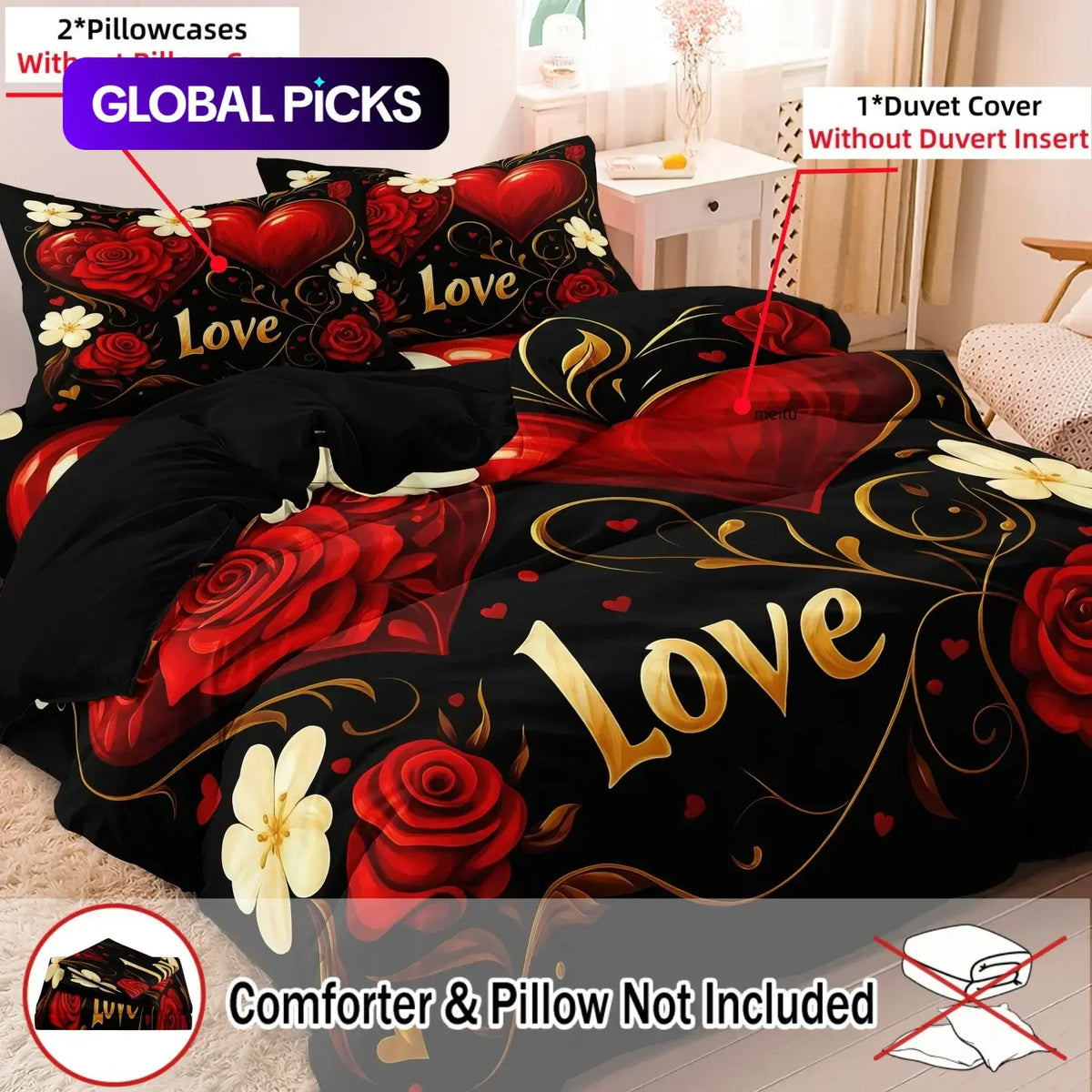 3 PCS Deep Red Rose Heart Design Duvet Cover Set, Bed Covers, Comfy Bedding Sets Decorative Bedding for Bedroom & Hotel, Holiday Gift (1 Duvet Cover + 2 Pillowcases, No Comforter, No Pillow Insert) #GLOBAL PICKS