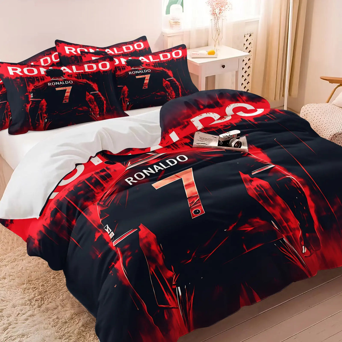 Football Star Ink Print Set & 1-2 Pillowcases-No.7 Player Back View Paired with Red Black Ink Splash Graffiti Art Background-Soft Comfortable Theme Bedding Set-Street Punk StyleBedroom Decor Fan Gift Bed Covers