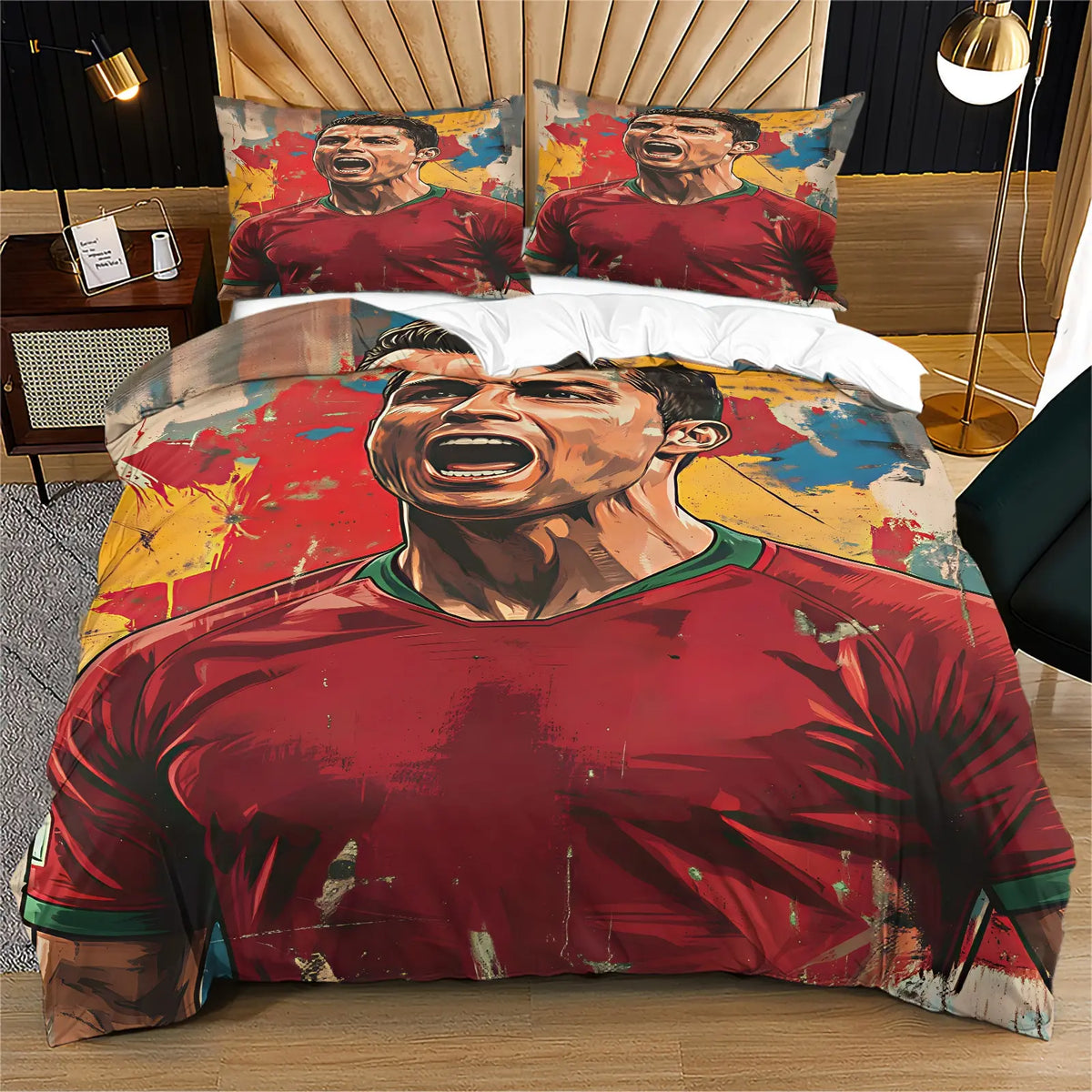 2/3Pcs Trending Soccer Star Illustration Decorative Duvet Cover Sets Theme Bedding Set, Soft Durable for Teens Sports Lovers Bedroom Dorm Decor (No Filler, No Pillow Inserts)