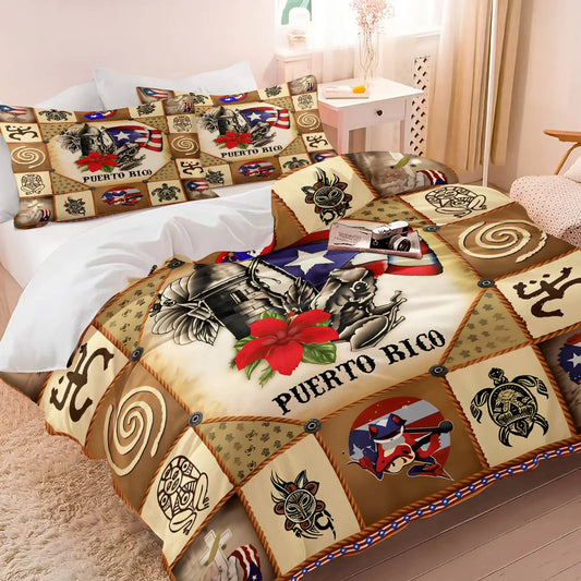 Vintage Puerto Rico Indigenous Culture Duvet Cover Set, Retro Patriotic Patchwork Bedding Set, 1 Duvet Cover & 1/2 Pillowcase No Filling, Ideal for Puerto Rican Adults Bedroom Guest Room Decor, All Season