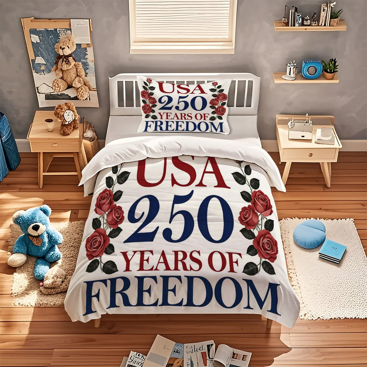 American 250th Anniversary Pattern Quilt Cover Set, Soft And Comfortable Bedding Set (1 Duvet Cover + 1/2 Pillowcase, No Filler), Suitable For Teenagers And Adults, Bedroom, Dormitory, Guest Room Scene