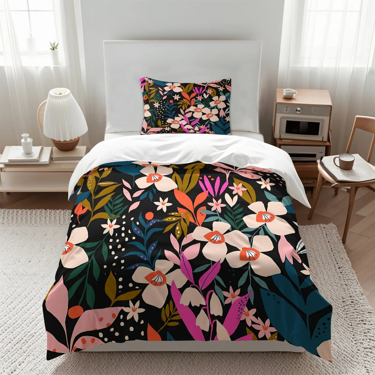 2/3Pcs Boho Floral Duvet Cover Set, Vibrant Tropical Botanical Comforter Cover, Black Background Bohemian Bedding Set with Pillowcases, No Filler, For Women Teen Girls Bedroom Dorm Apartment Home Decor