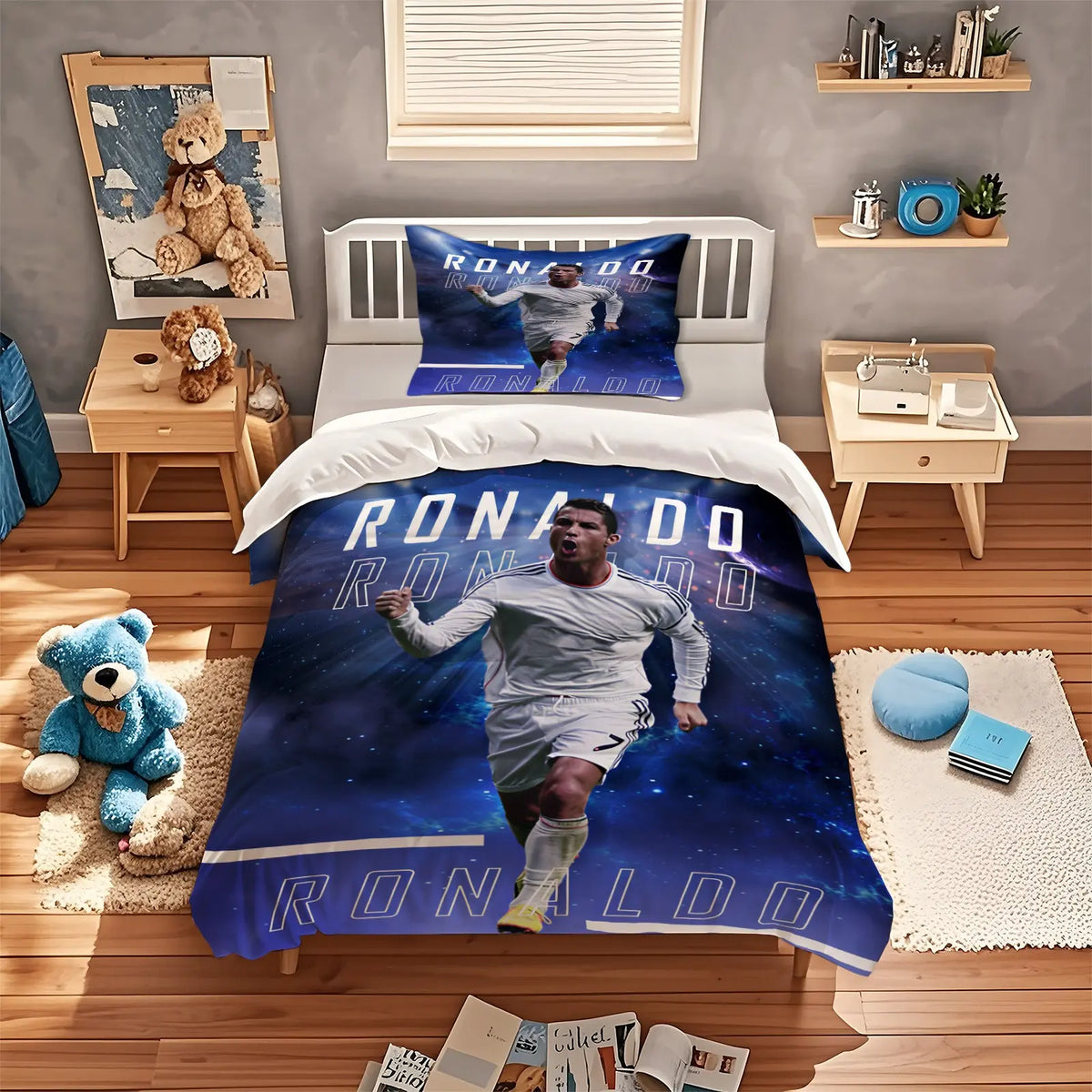 2/3Pcs Trending Soccer Star Illustration Decorative Duvet Cover Sets Theme Bedding Set, Soft Durable for Teens Sports Lovers Bedroom Dorm Decor (No Filler, No Pillow Inserts)
