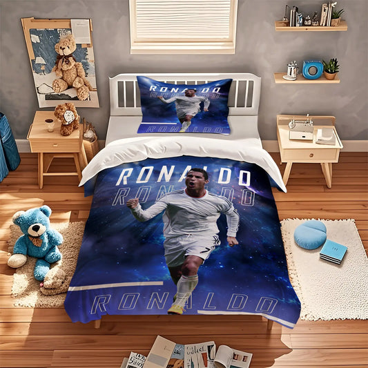 2/3Pcs Trending Soccer Star Illustration Decorative Duvet Cover Sets Theme Bedding Set, Soft Durable for Teens Sports Lovers Bedroom Dorm Decor (No Filler, No Pillow Inserts)