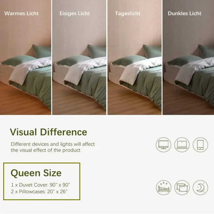 100% Washed Cotton White and Green Reversible Duvet Cover Set Queen and King Size Optional, Casual Design Soft Bedding Set 2 Pillow Cases + 1 Duvet Cover with Zipper & Corner Ties(SX-004)